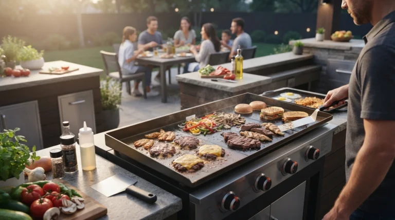 A Blackstone griddle is an outdoor cooking appliance with a large, flat steel cooking surface. Unlike a traditional barbecue grill, it does not have open cooking grates, so smaller foods are less likely to fall through. The flat surface also makes it easier to spread ingredients around, flip food with a spatula, and cook multiple items in different areas of the griddle.