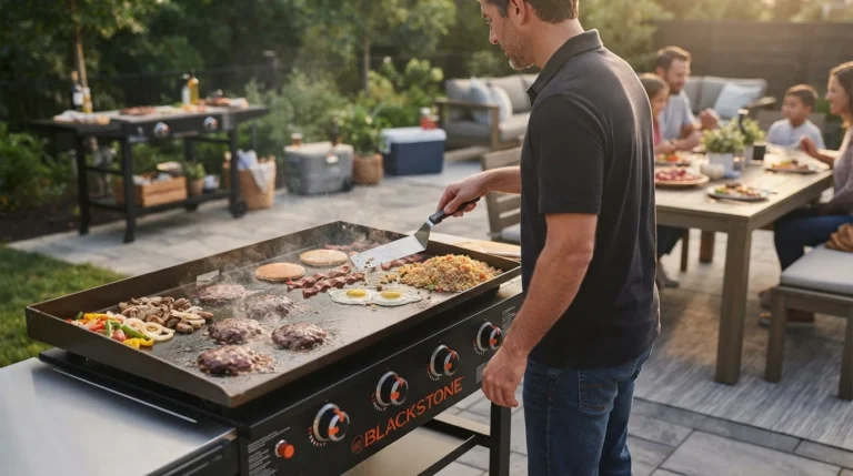 When people search for a Blackstone grill, they are often referring to a Blackstone flat-top griddle. Unlike a traditional grill with open grates, a Blackstone uses a solid cooking surface. Food sits directly on the heated metal rather than over an open flame.